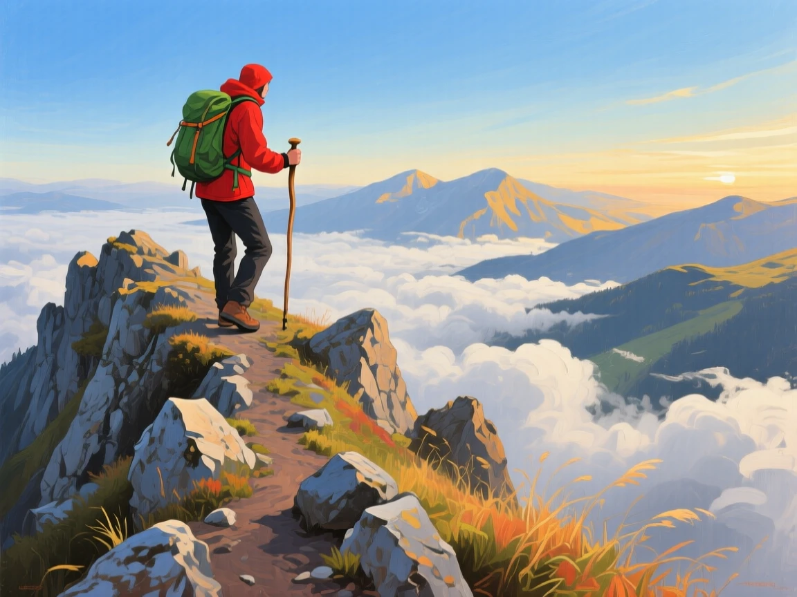 a lone hiker on a narrow ridge above a cloud-filled valley, during a quiet late afternoon, with a clear foreground, subject, and distant setting.