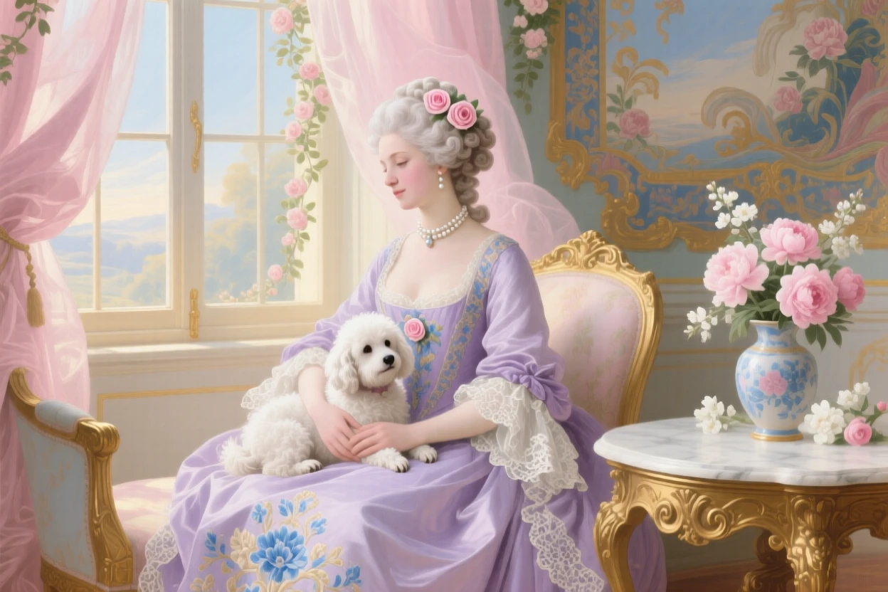 A duchess seated beside a sunlit window with a small spaniel resting in her lap  