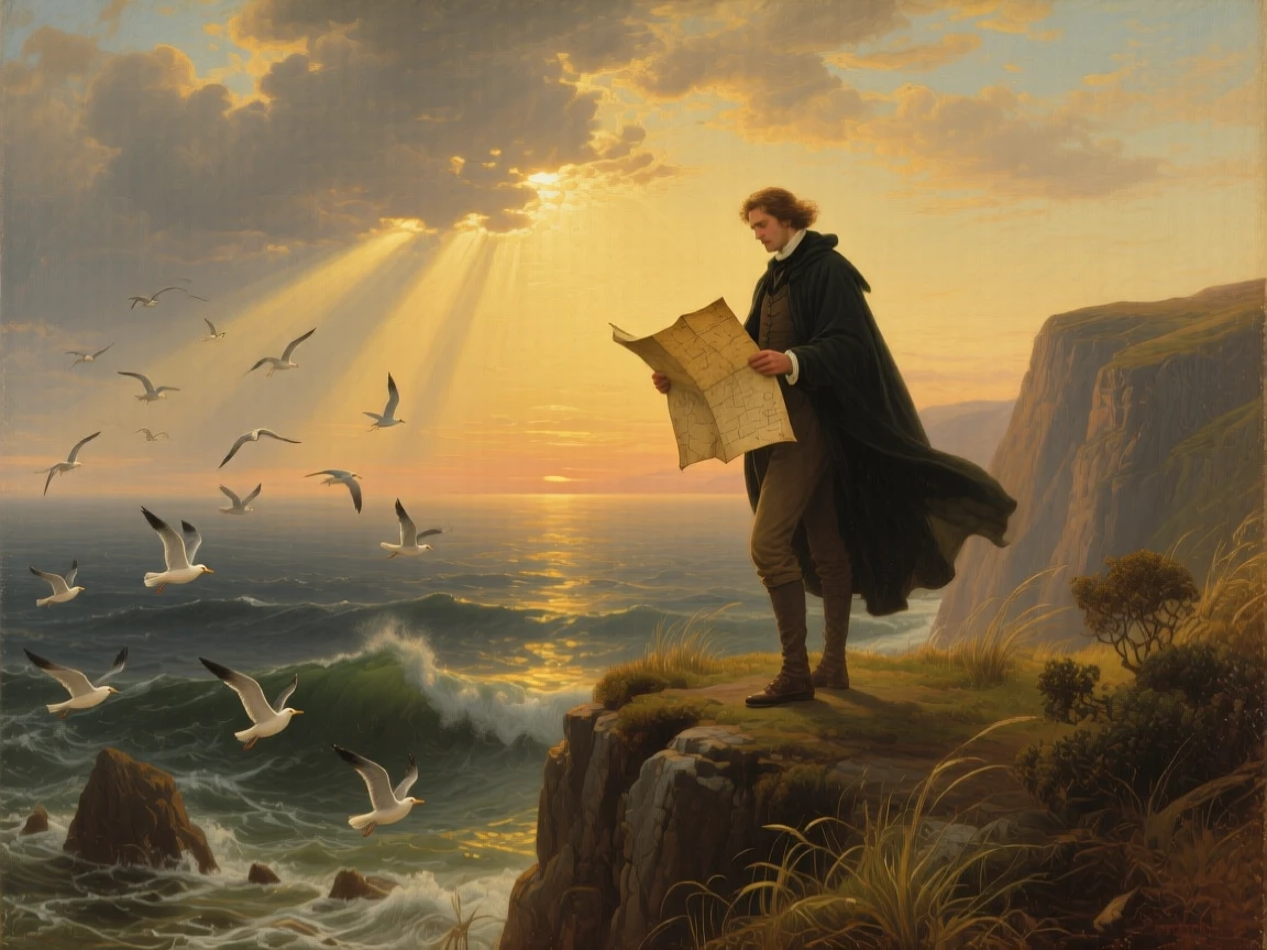 At sunset, A solitary traveler on a high coastal cliff, holding a weathered map as seabirds wheel below, surrounded by a vast storm-cleared ocean, sunbeams breaking through distant clouds; long reflections lead the eye toward the distant horizon, the scene carries a quiet promise of home.