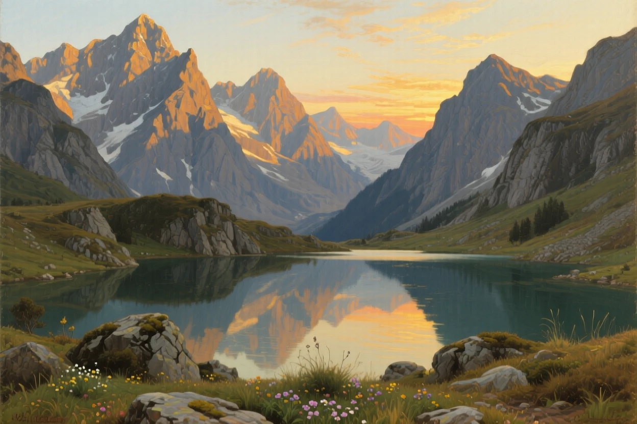A hidden alpine lake ringed by jagged untouched peaks, with the last rays of sunset catching every ridge and peak, showing nature at its most breathtaking and unspoiled