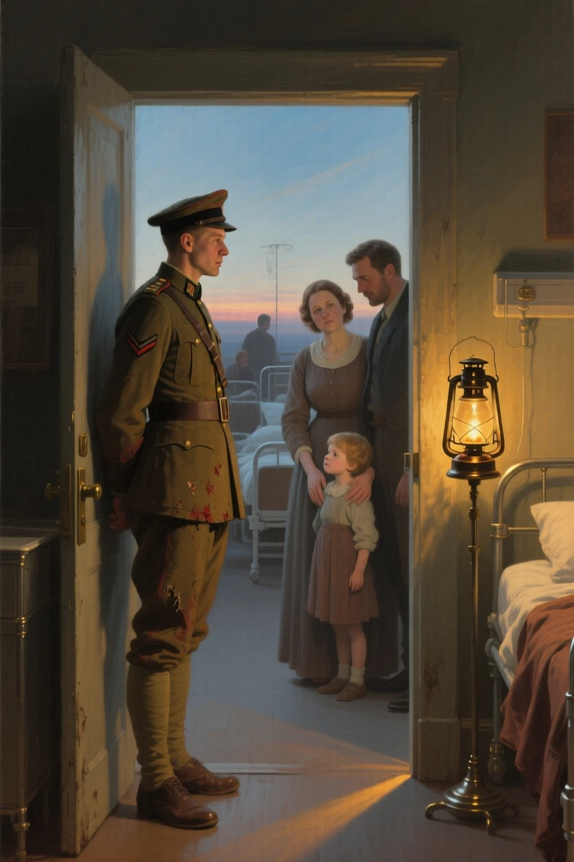 A soldier returning home to find his family waiting at the door in a gesture that speaks louder than words, set in a dimly lit hospital ward at the edge of dawn, with a lantern's glow illuminating the reunion; diagonal light spills across the reunited figures, isolating them from the crowd, capturing love that has endured distance and time.