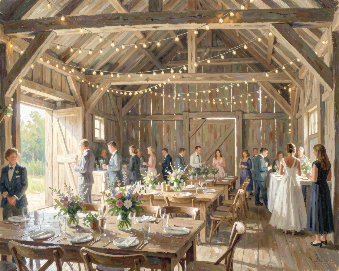 A wedding reception in a rustic barn decorated with fairy lights and wildflower centerpieces.