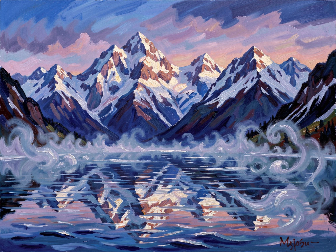 Snow-capped mountain peaks rising above a quiet alpine lake at dawn, mist curling low over the still water.