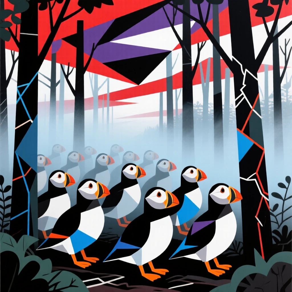 A striking view of a puffin colony moving silently through a dense misty forest beneath a dramatic sky.