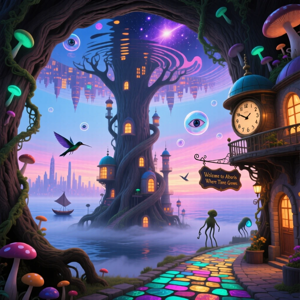 A city built inside the hollow of a giant tree trunk rises from a sea of drifting fog, while its reflection ripples across a sky full of water.