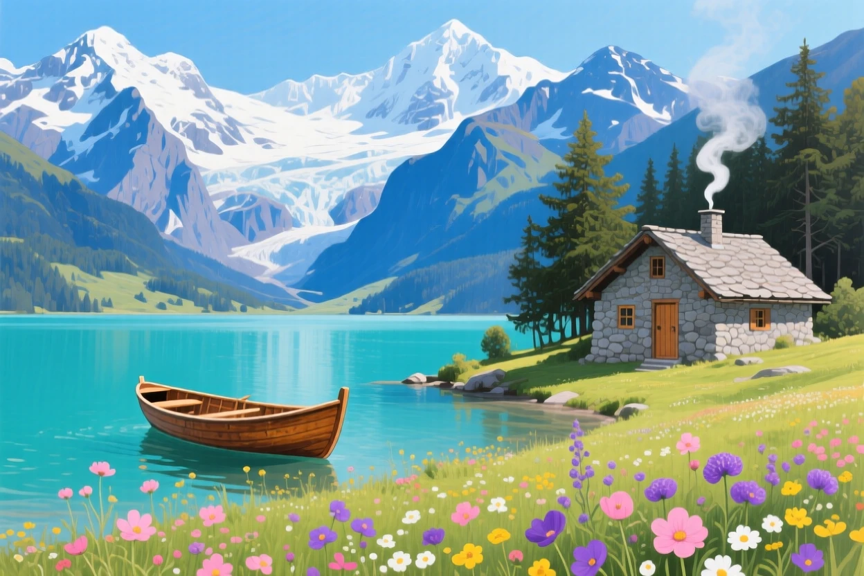 Snow-capped Swiss Alps rise behind a turquoise glacial lake, a wooden rowboat drifting near the shore, wildflowers scattered across the grassy foreground, and a small stone chalet with smoke curling from its chimney nestled at the tree line.