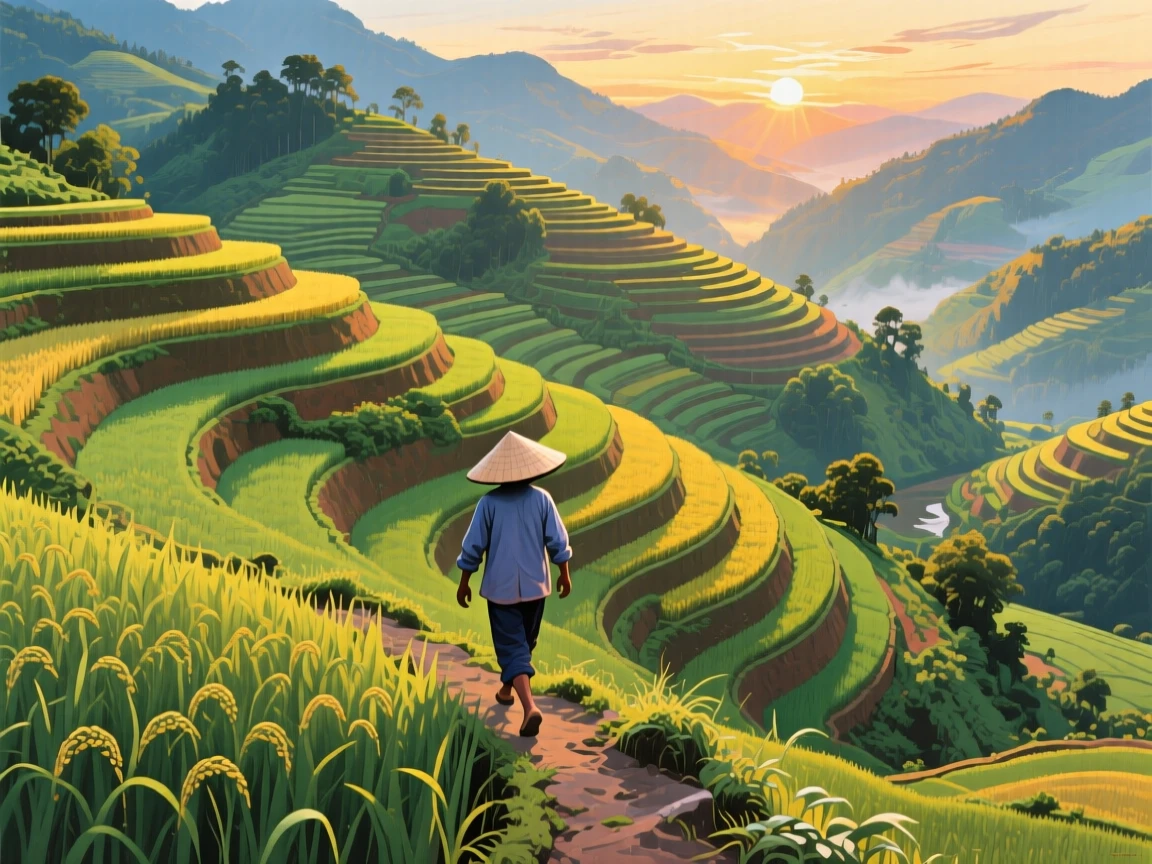 Terraced rice paddies cascading down a steep hillside in Vietnam at dawn, a farmer in a conical hat walking along a narrow ridge