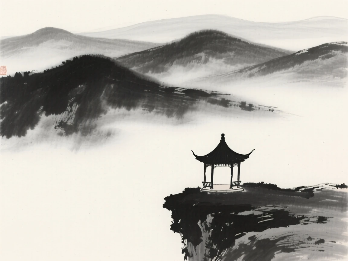 a rolling range of hills, cloaked in thin evening vapor, with a small pavilion perched on a ledge.