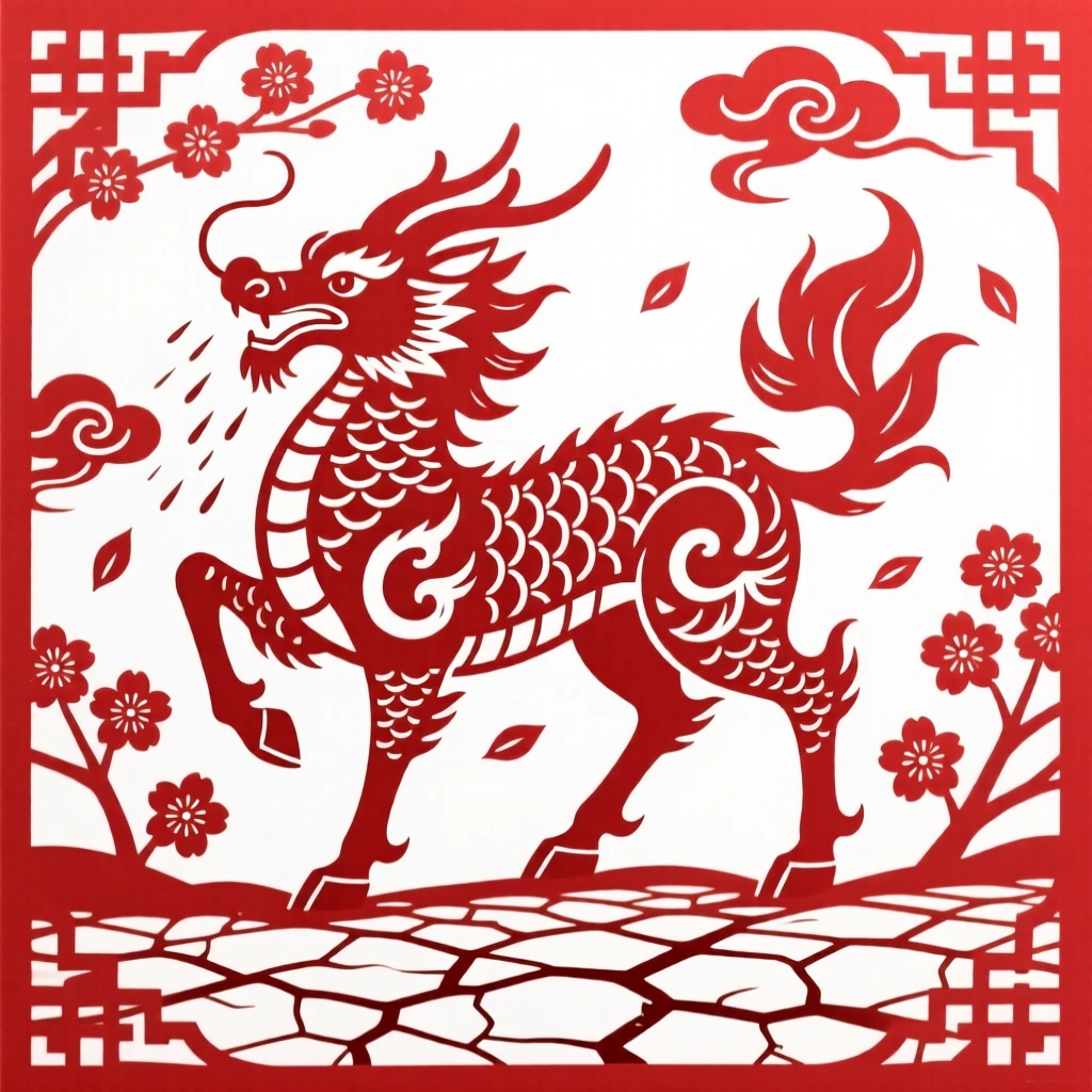 A guardian qilin, summoning rain over a parched valley, while cherry blossoms swirl in the sacred wind.