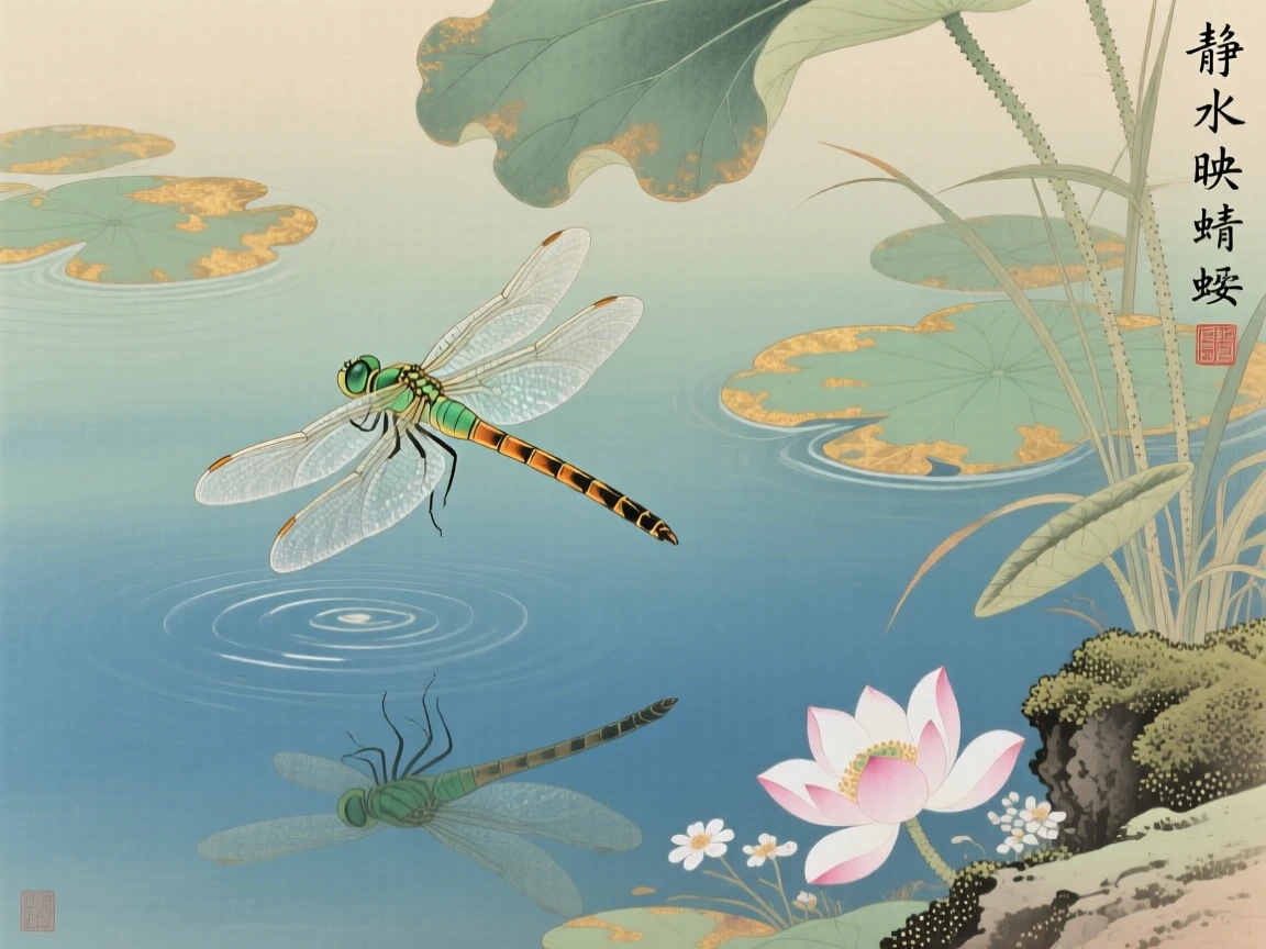 A dragonfly with translucent wings hovering above a still garden pond