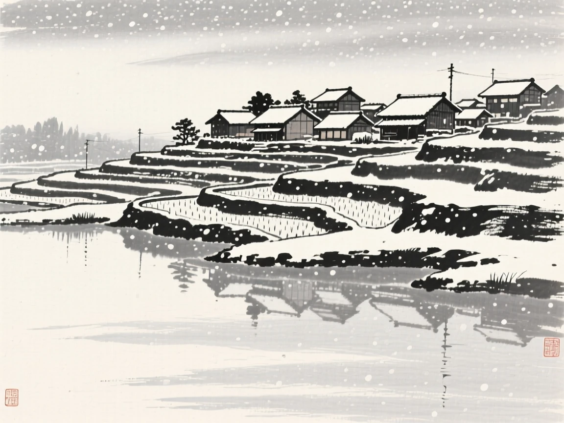 A terraced rice paddy village beneath a canopy of falling snow, seen from across still water, reflected on the surface, conveying quiet reverence for the past.