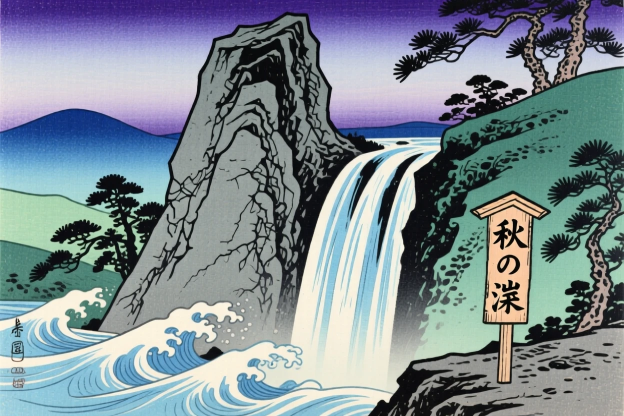 A granite pinnacle, beside a cascading waterfall, at dusk.