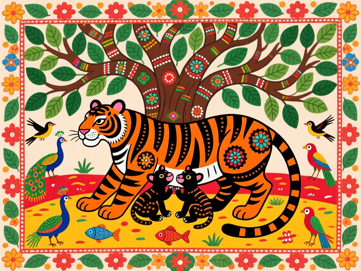 A mother tiger nursing three cubs beneath the shade of a banyan tree.