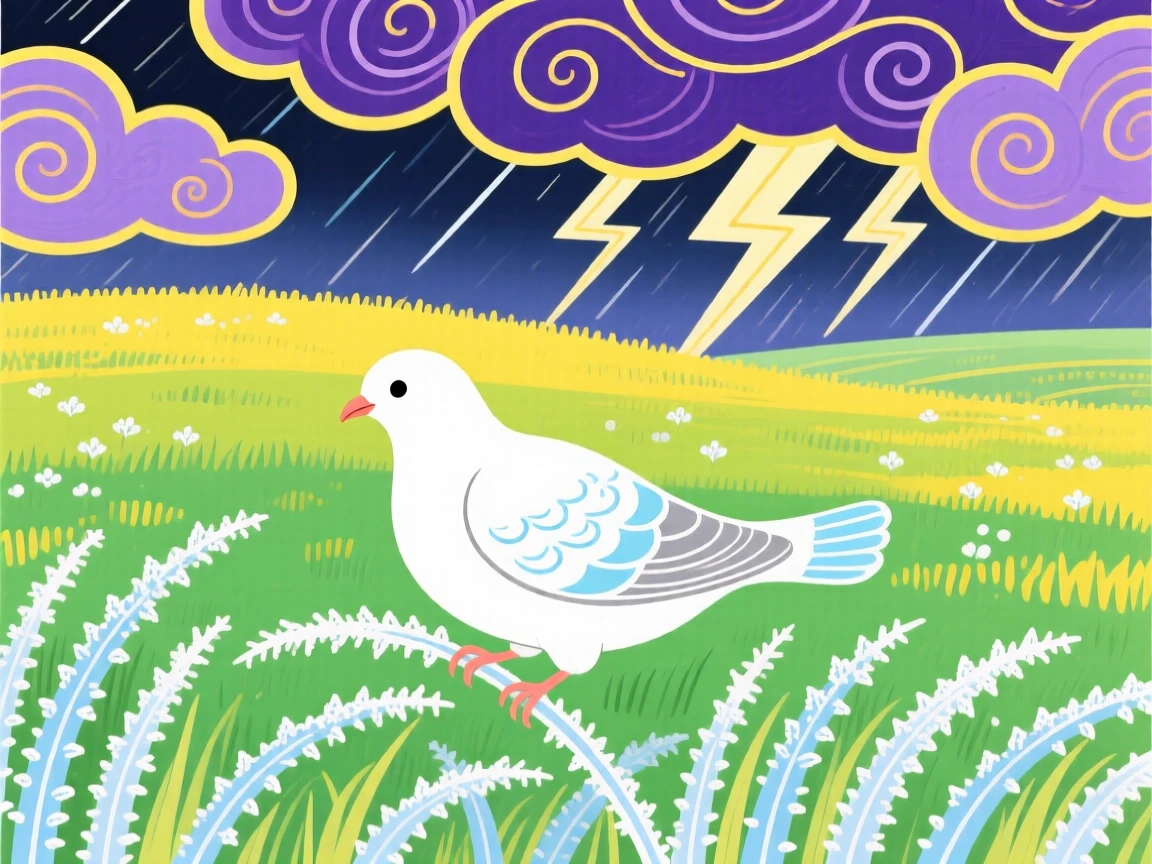 A dove perched in a frost-covered meadow, during a summer thunderstorm passing in the distance.
