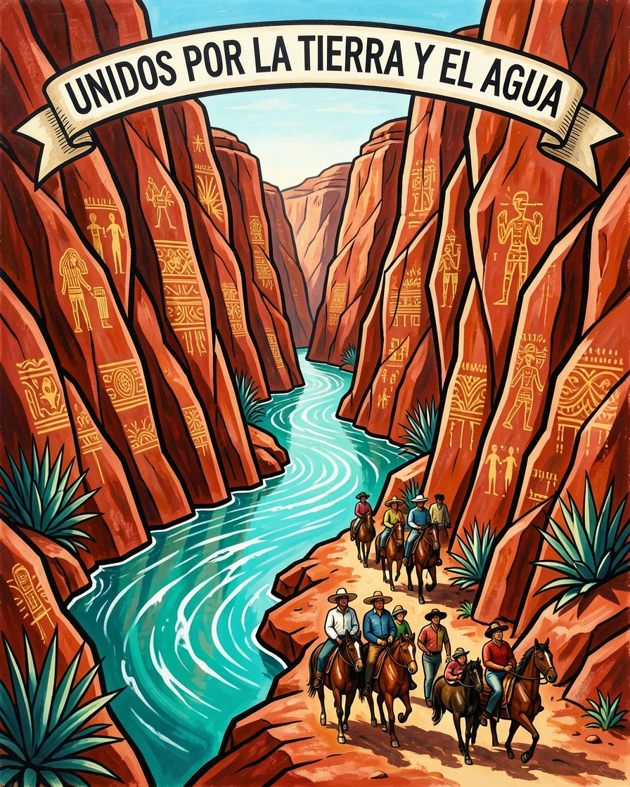 A narrow canyon carved by a winding turquoise river between red sandstone cliffs
