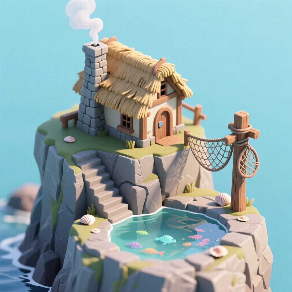 A cliffside cottage with a thatched roof, a stone chimney puffing smoke, a narrow winding staircase carved into the rock leading down to a tide pool, and a fisherman's net drying on a post.