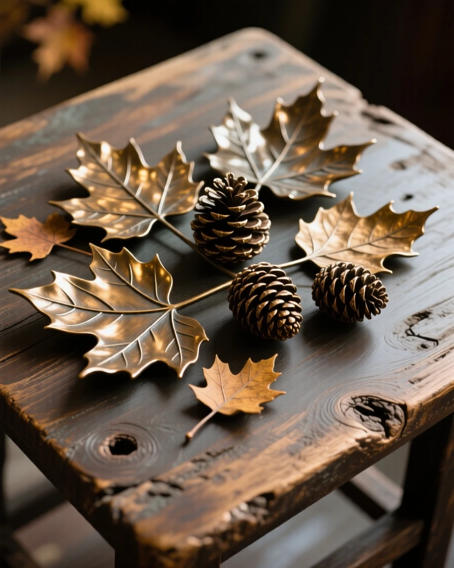An arrangement of autumn leaves and pinecones on a rustic table, rendered with soft natural light and rich texture, forming an elegant, balanced composition