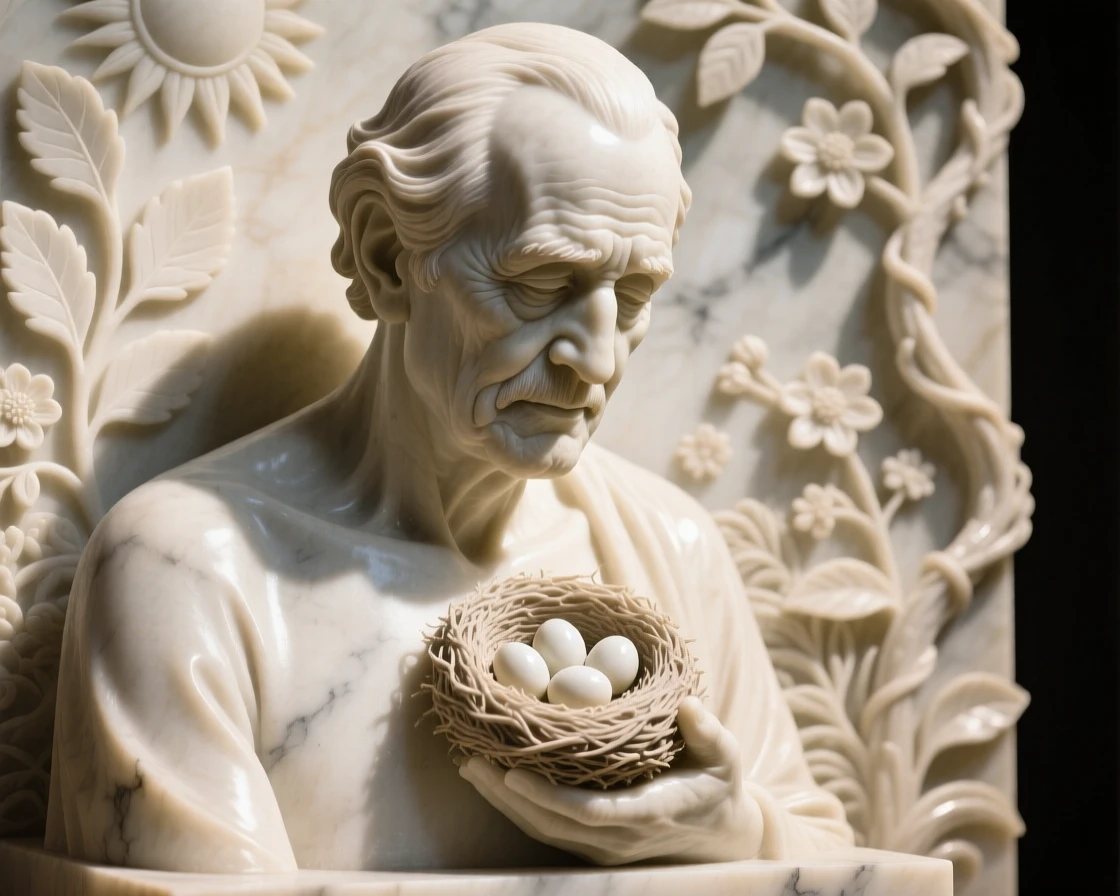 A close-up portrait of an elderly man, cradling something precious close to their chest, in a sunlit garden, radiating quiet emotion and dignity