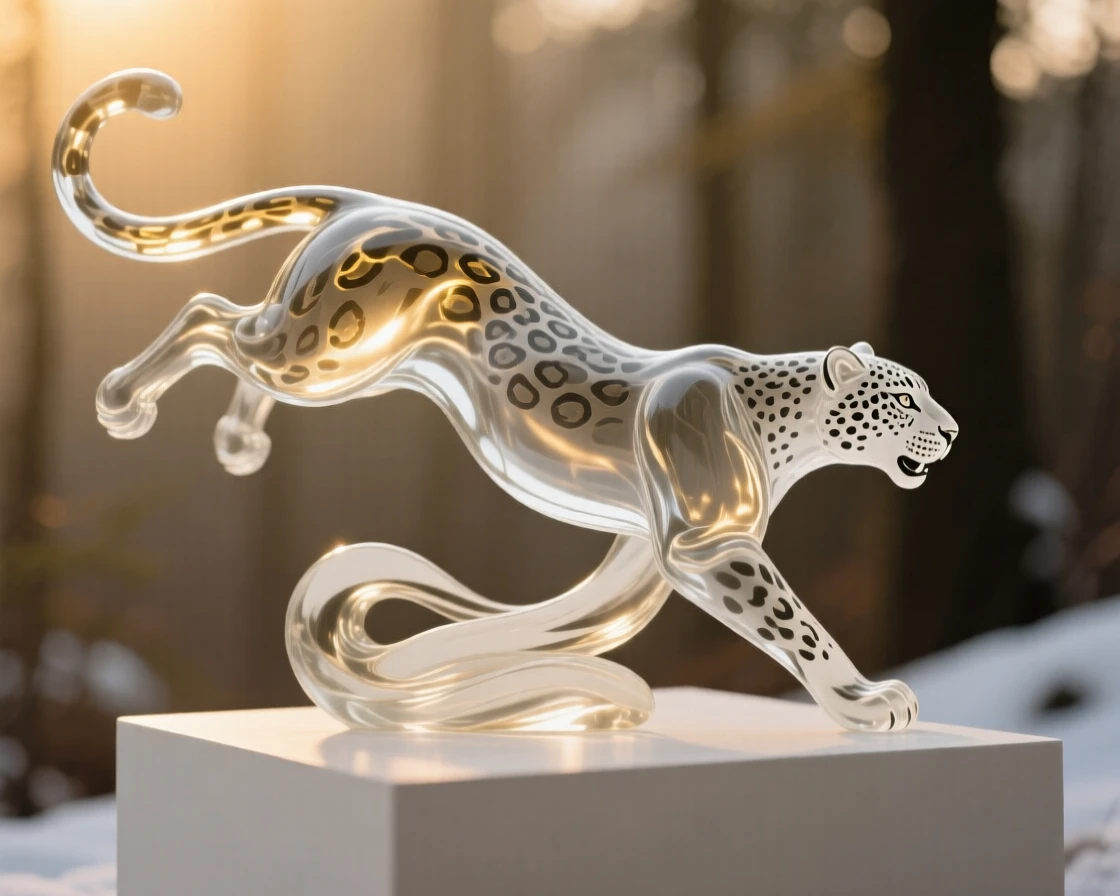 A snow leopard captured mid-motion against a soft-focus forest backdrop, golden hour light rimming its fur, conveying grace and wild energy.