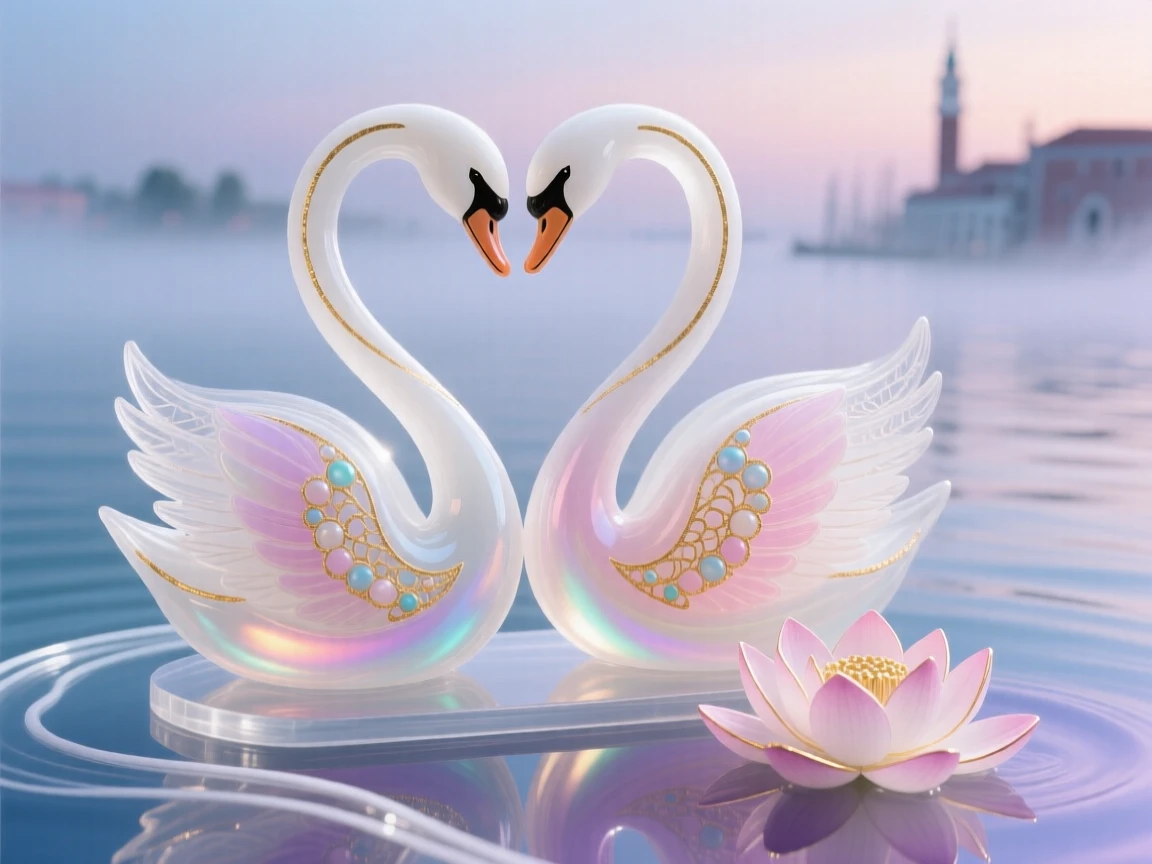 Two swans curving their necks into a heart shape on a still lake at dawn, mist rising off the water, tender and romantic, a single lotus floating beside them.