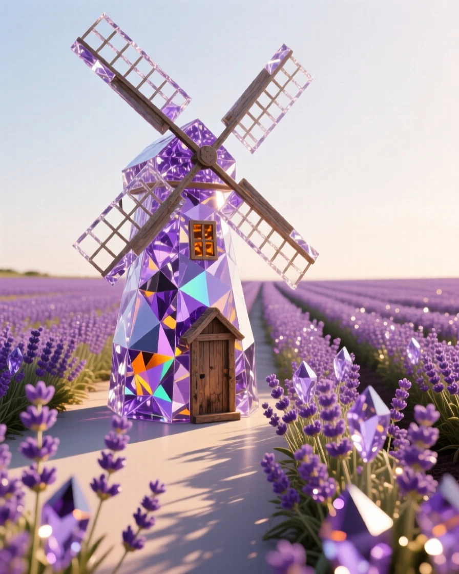 A vast field of lavender rows converging toward a single rustic windmill at golden hour, long shadows stretching across the purple furrows.