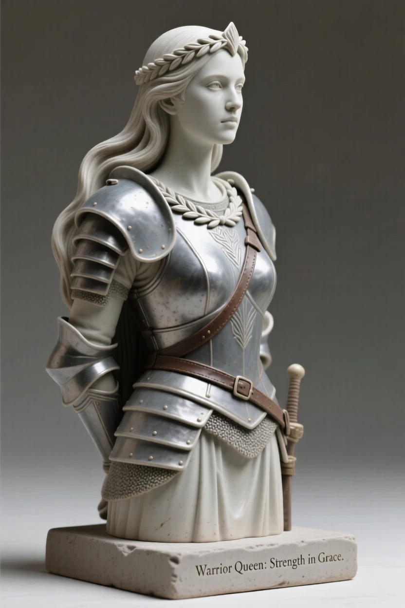 A warrior queen standing tall in ceremonial armor gazing softly into the distance, adorned with simple, elegant ornamentation, conveying quiet dignity and timeless beauty.