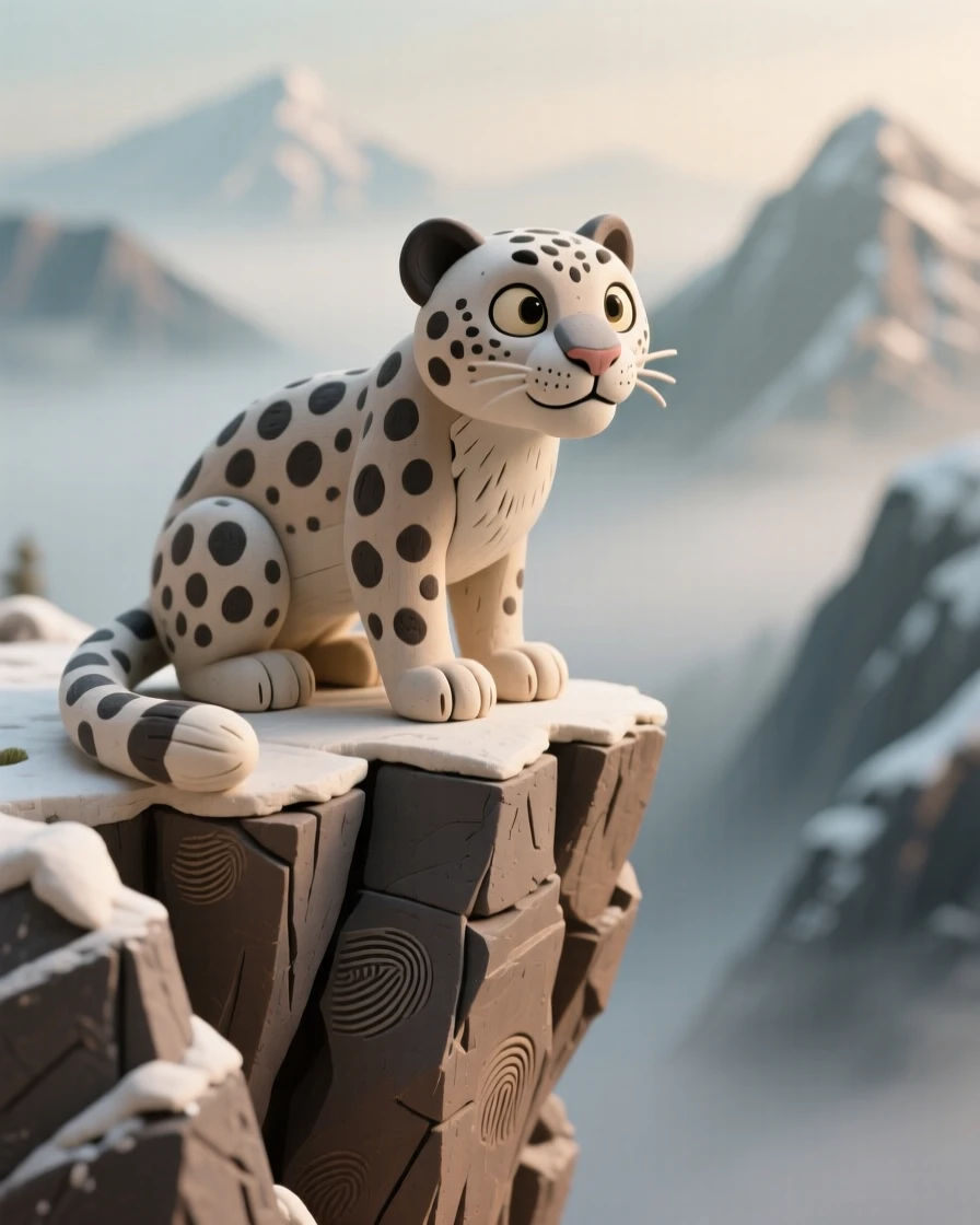 A snow leopard perched on a jagged cliff edge, gazing over misty mountain peaks