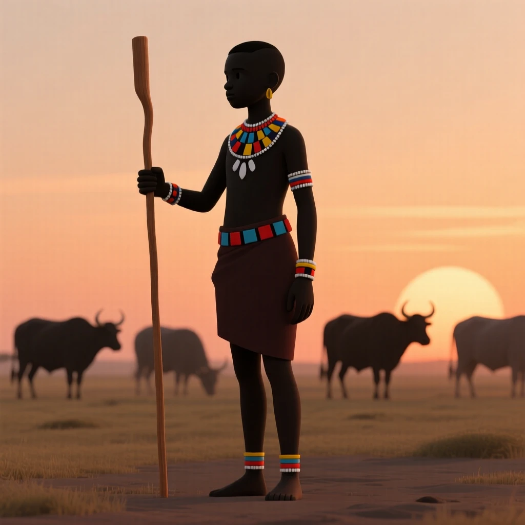 A young Maasai herder in traditional beaded jewelry stands tall on the savanna, a long wooden staff in hand, watching a herd of cattle graze at sunset.