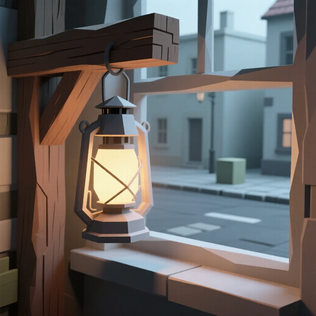 A glowing lantern hanging from a rustic beam, on a windowsill overlooking a quiet street. fine textures and material details are clearly visible. A sense of quiet history fills the objects.