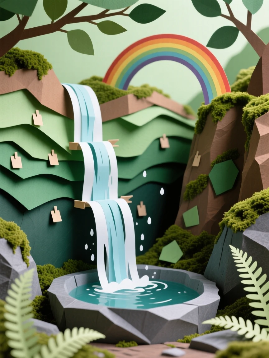 A cascading waterfall tumbling through a moss-covered canyon, sunlight breaking through the canopy above to create a rainbow in the spray, with ferns lining the rocky pool at its base and a sense of hidden, untouched wilderness.