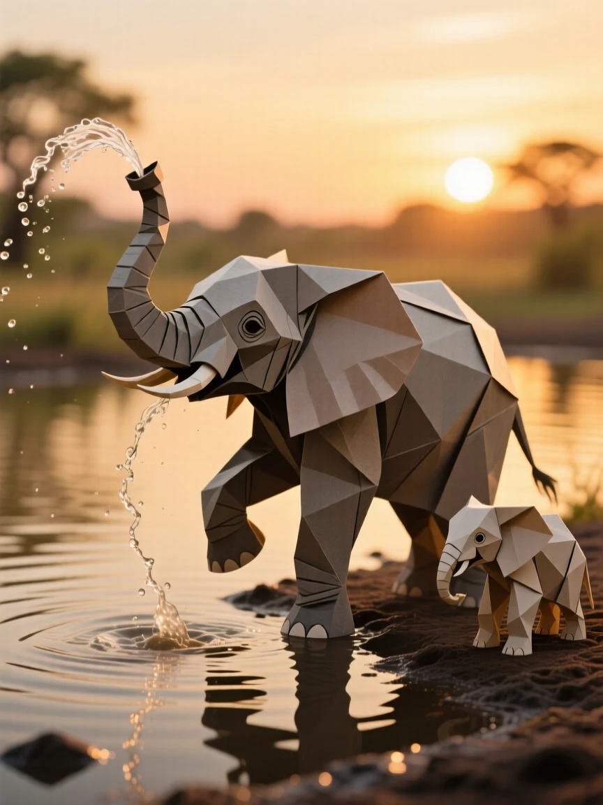 A baby elephant spraying water over its own back at a watering hole, ears flared mid-motion, siblings watching from the shore, wide shot with warm golden light.