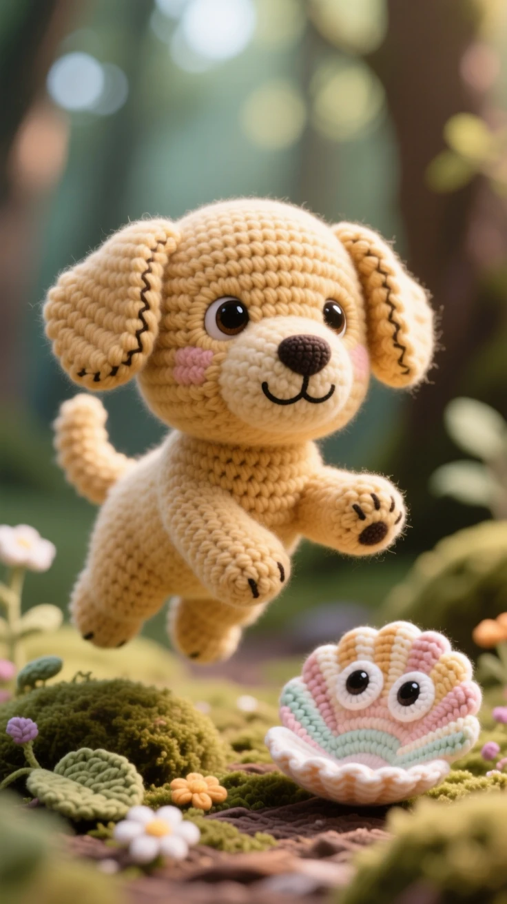 A heartwarming close-up of a fluffy golden retriever puppy, with floppy ears and a wagging tail, bounding forward mid-leap with front paws lifted in a cozy woodland clearing dappled with soft light; a smooth striped seashell close by completes the scene, radiating wide-eyed wonder at the world around it.
