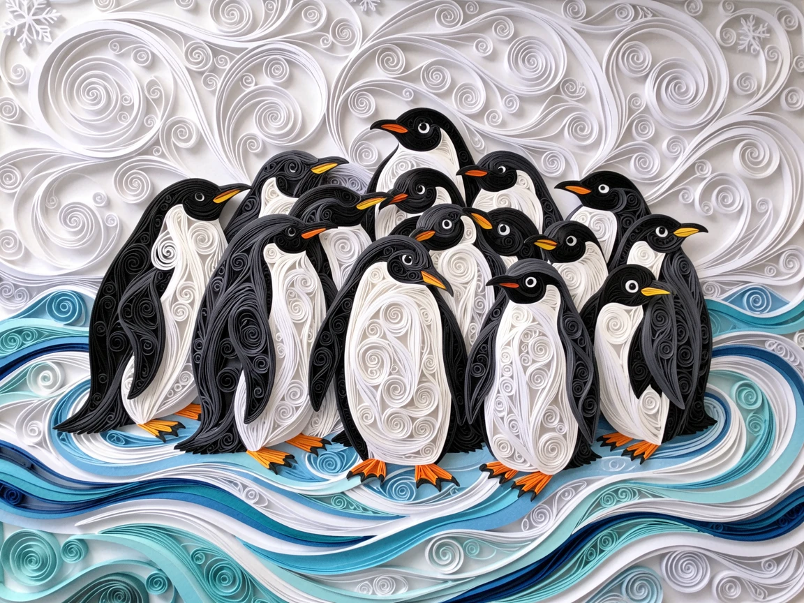 a colony of penguins huddled together in a blizzard, surrounded by softly rippling water, composed with the animal as a striking central focal point, with fine texture visible in every strand of fur.