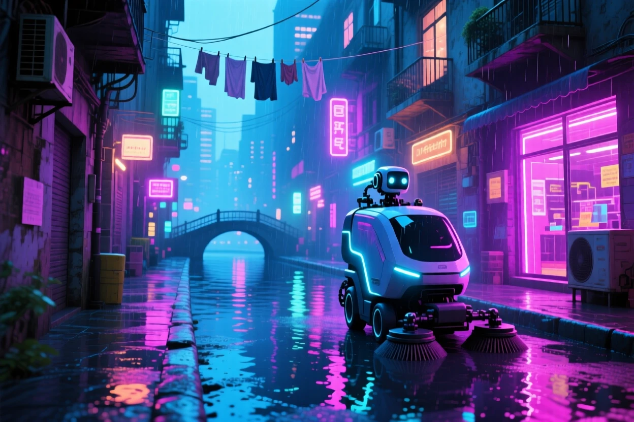 An image of a robotic street sweeper navigating a rain-slicked alley along a canal that cuts through the city center, with laundry lines strung between balconies far above.