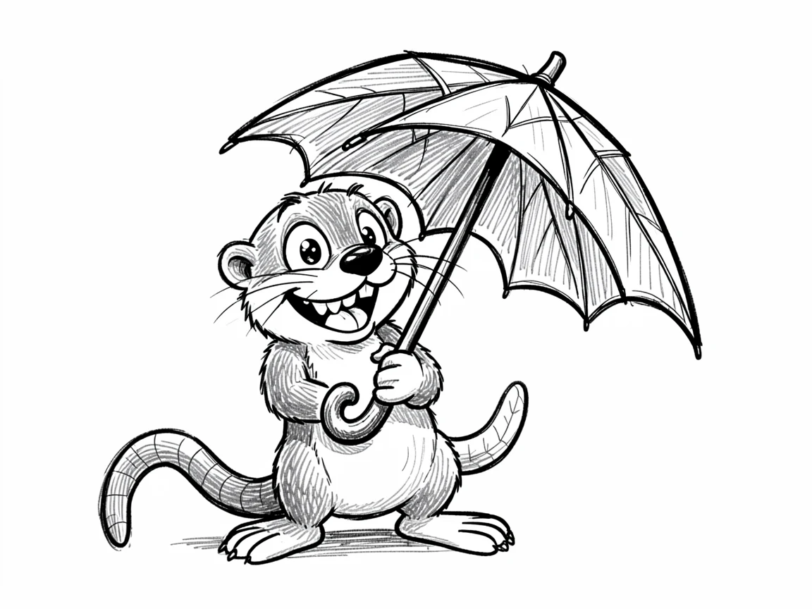 A grinning otter holding an umbrella made of a leaf.