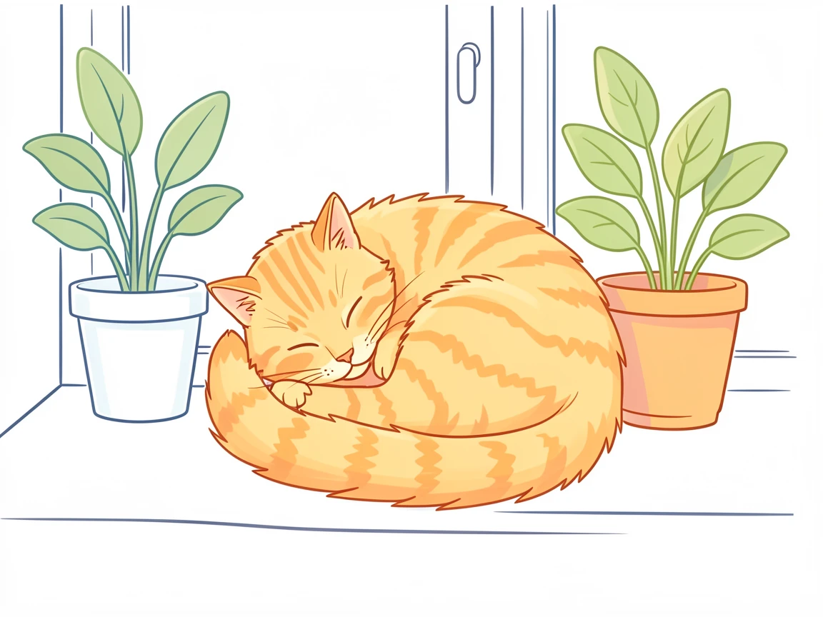 A fluffy orange tabby cat curled into a perfect circle on a sunlit windowsill, tail wrapped around its nose, potted plants lining the sill behind it.