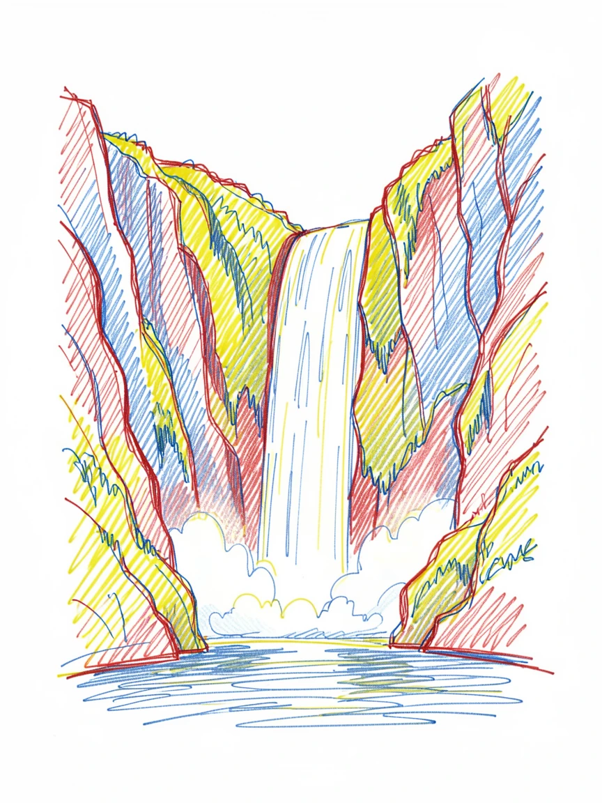 A dramatic waterfall cascading through a moss-covered gorge, mist rising where it meets the pool below
