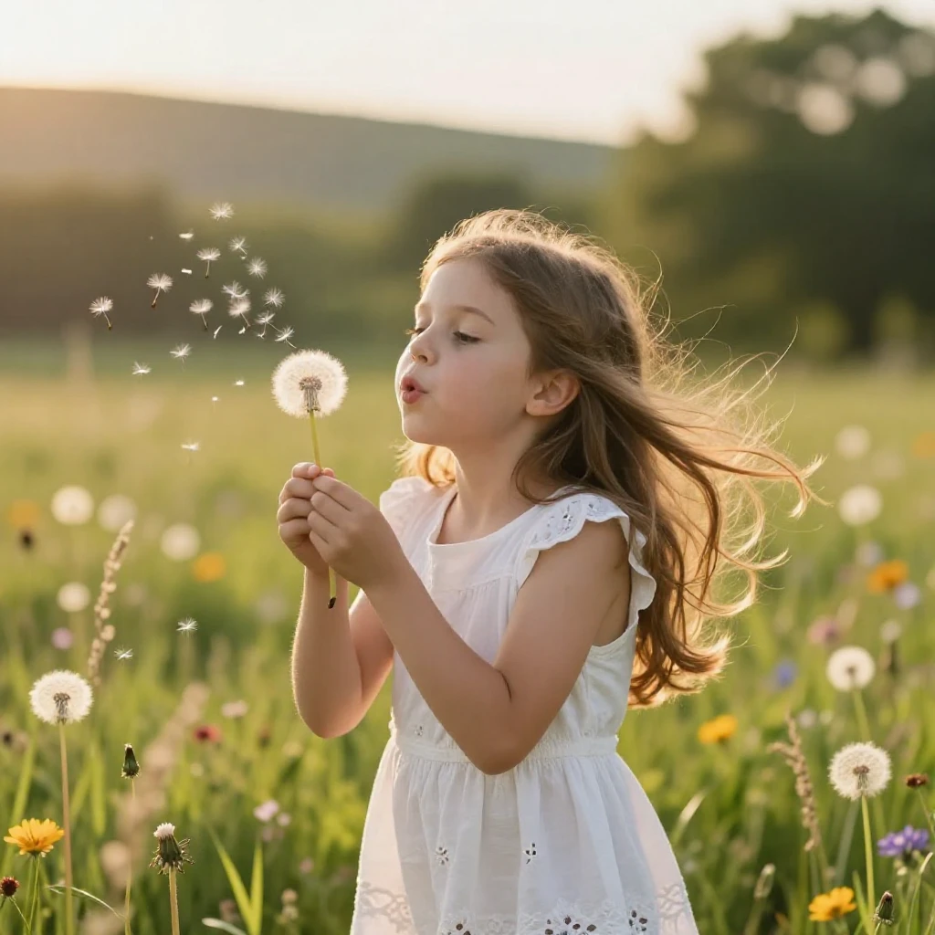 A young girl blowing a dandelion in a sunlit meadow