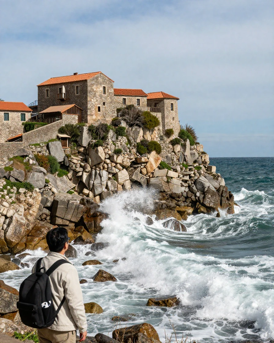A cliffside monastery clings to a rock face above crashing waves far below.