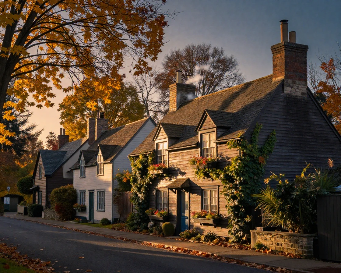 A row of cottages, glowing beneath autumn's golden leaves, quiet and still