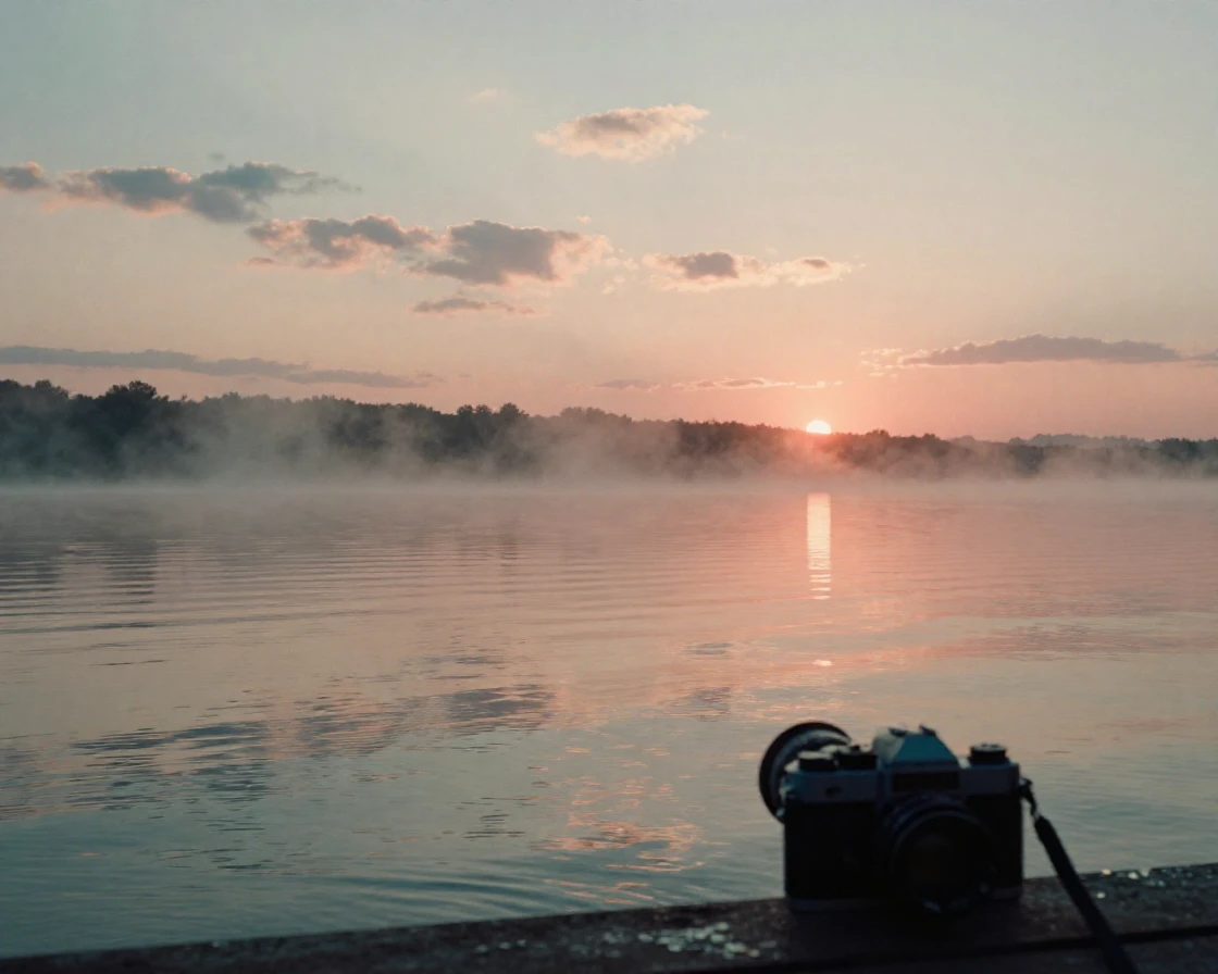 Morning mist rising off a quiet lake at sunrise, in gentle diffused daylight, under scattered clouds, in the height of summer, in vivid coral and turquoise hues, from behind, looking toward the horizon.