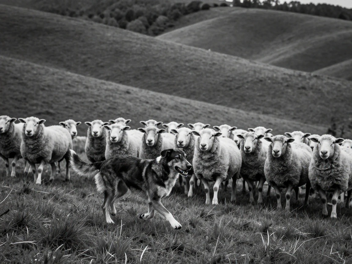 A loyal sheepdog herds a flock of sheep across a field across a rolling green pasture.