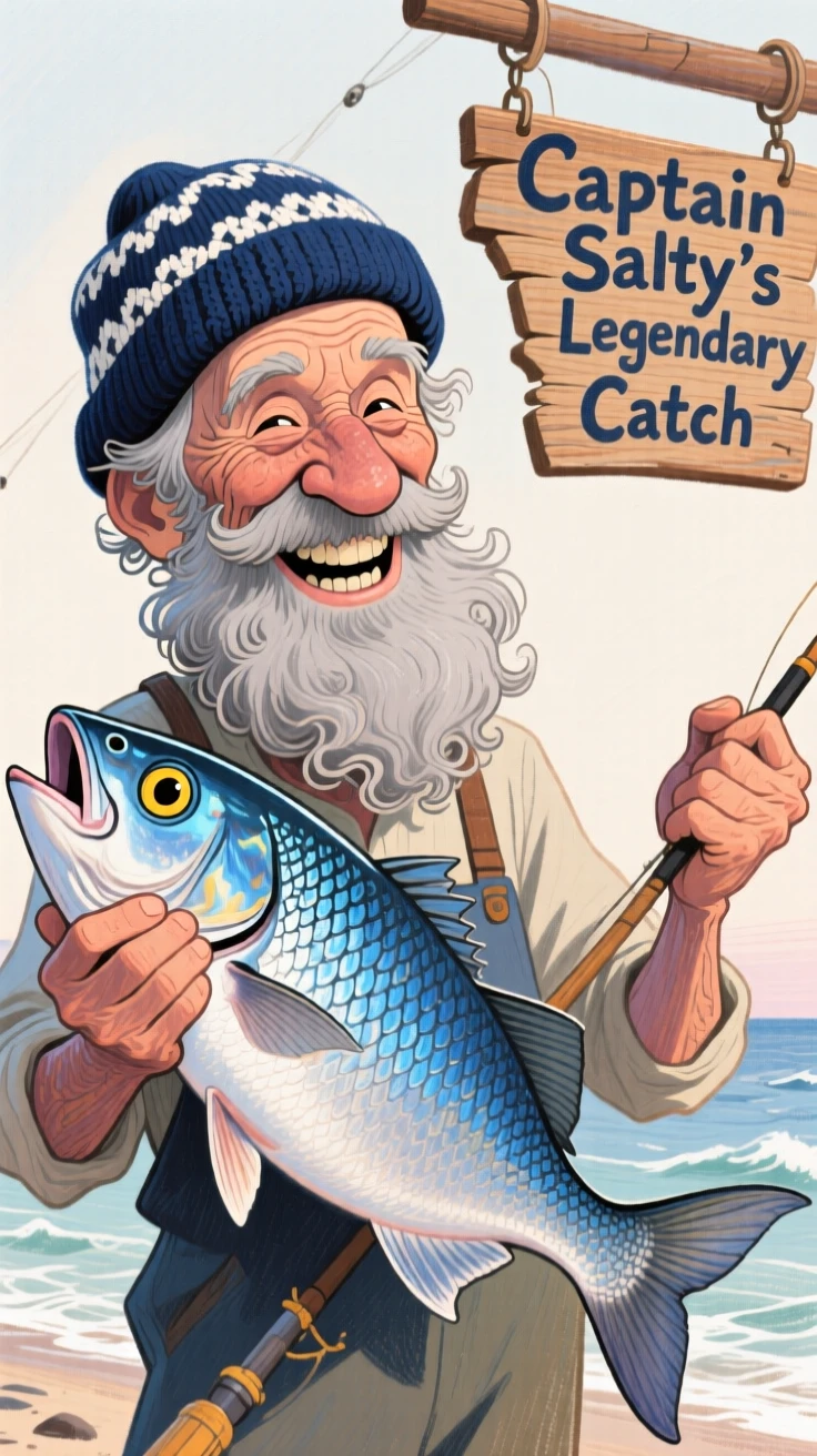 An elderly fisherman with a weathered face, thick gray beard, and a knitted cap, holding a large fish and grinning proudly.