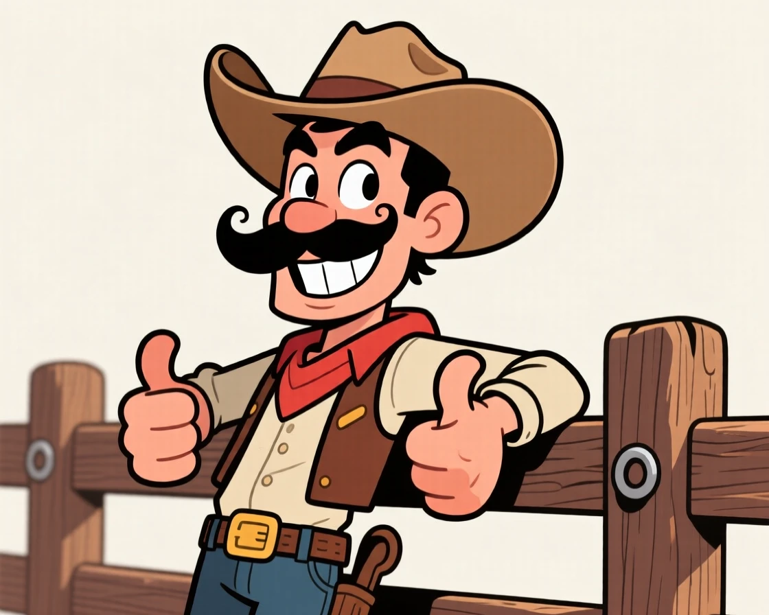 A charming portrait of a confident cowboy with a wide-brimmed hat tilted back, a bushy mustache, and a toothy grin, leaning against a wooden fence with his thumbs in his belt loops.