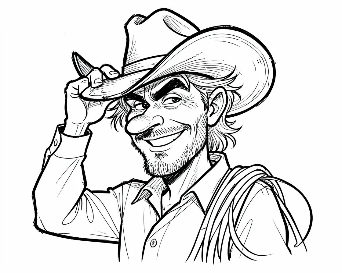 [People Portraits & Characters] Portrait of a rugged cowboy tipping his wide-brimmed hat with a lasso coiled on his shoulder, full of personality and charm