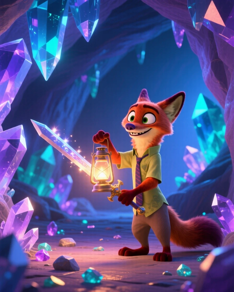 A talking fox with a lantern stands inside a crystal cave lit by glowing gems, polishing a gleaming enchanted sword. The mood is enchanting, hopeful, and dreamlike, with soft glowing light illuminating every surface.