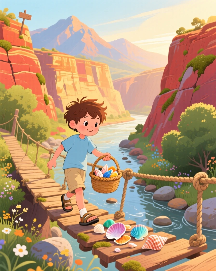 A boy collecting seashells spends the day crossing a rope bridge over a gentle ravine through a canyon carved by an old river, with distant mountains glowing in the morning light.