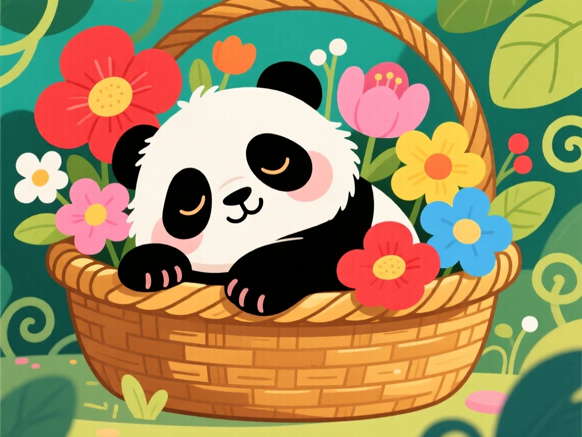 A curious baby panda napping in a basket of flowers.