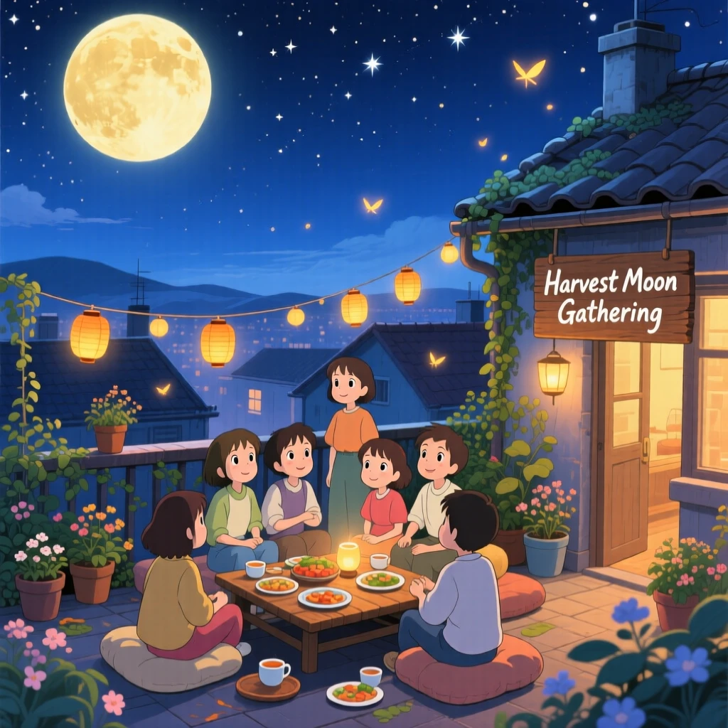 A nighttime scene of a rooftop gathering under a full harvest moon, dreamlike beneath the stars.
