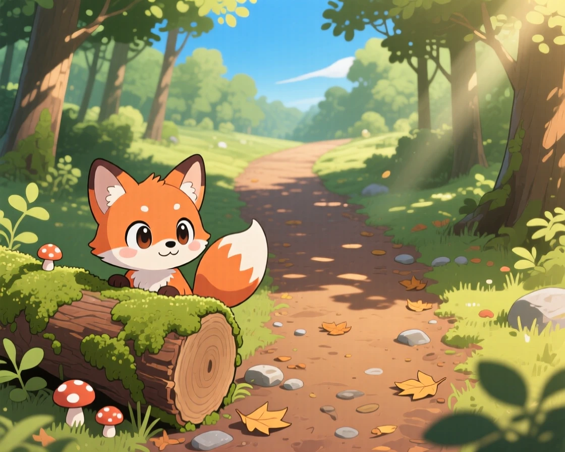 A tiny fox kit peeking out curiously from behind a mossy log, framed as a high aerial view within a quiet woodland path, under a clear summer sky, glowing under soft golden-hour sunlight, evoking sleepy relaxation.